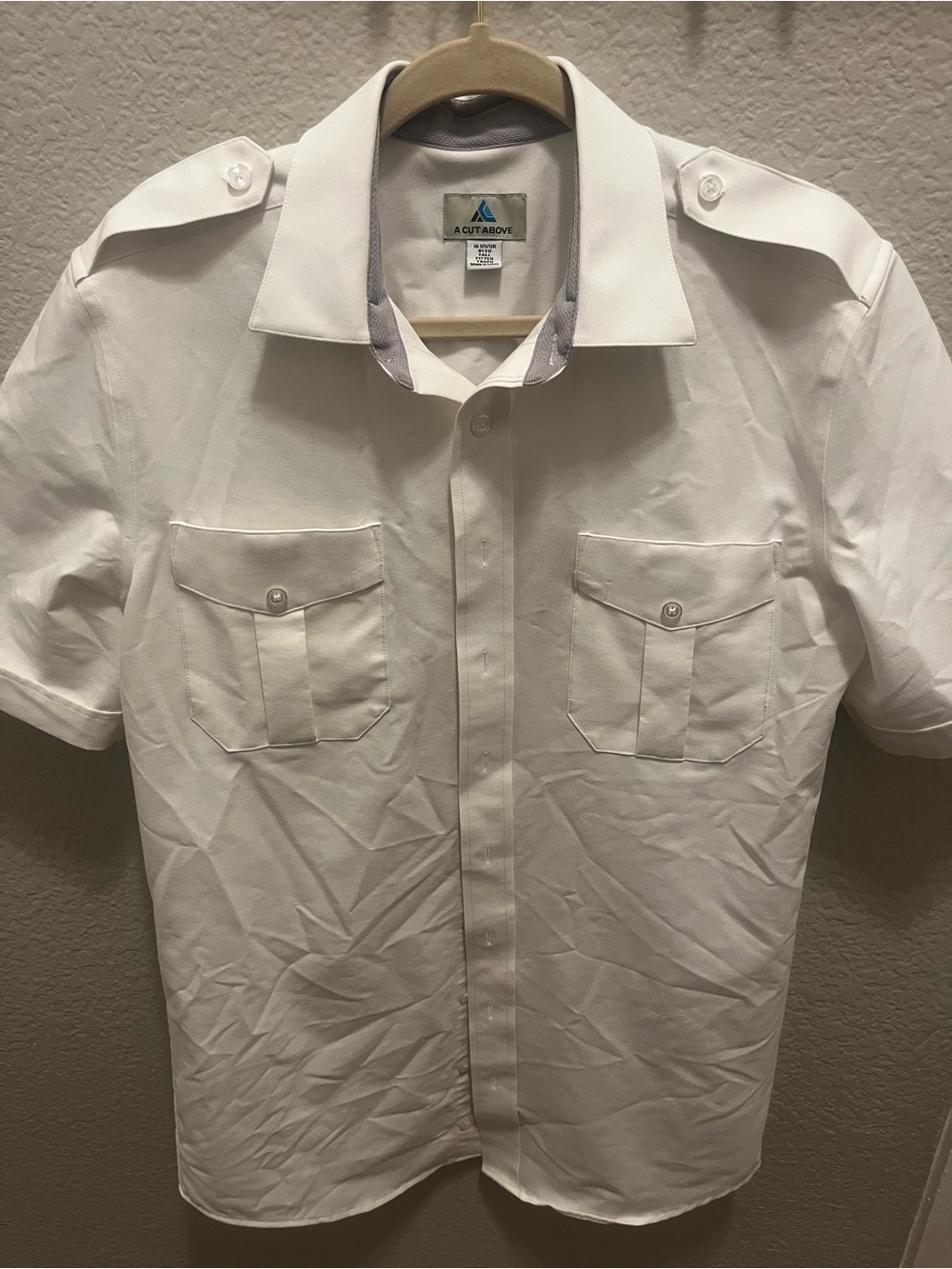 A Cut Above Tropo Pilot Uniform Shirt Mens 16 Tall Fitted White Epaulet Short